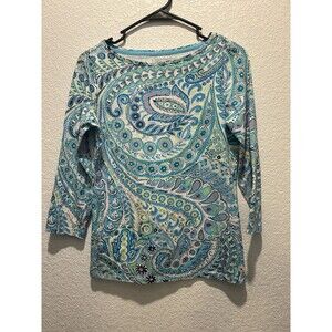 The Talbots Tee Blue Paisley Round Neck Cotton Stretch T-Shirt Sz XS 3/4 Sleeve